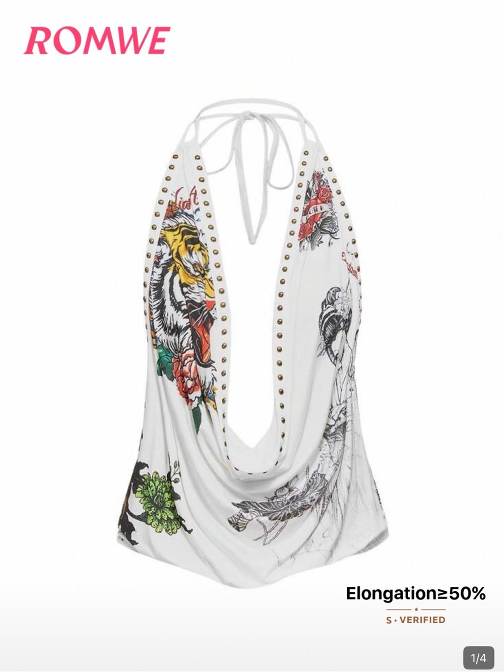 ROMWE White Floral Tiger Halter Cowl Tie-Back Tank